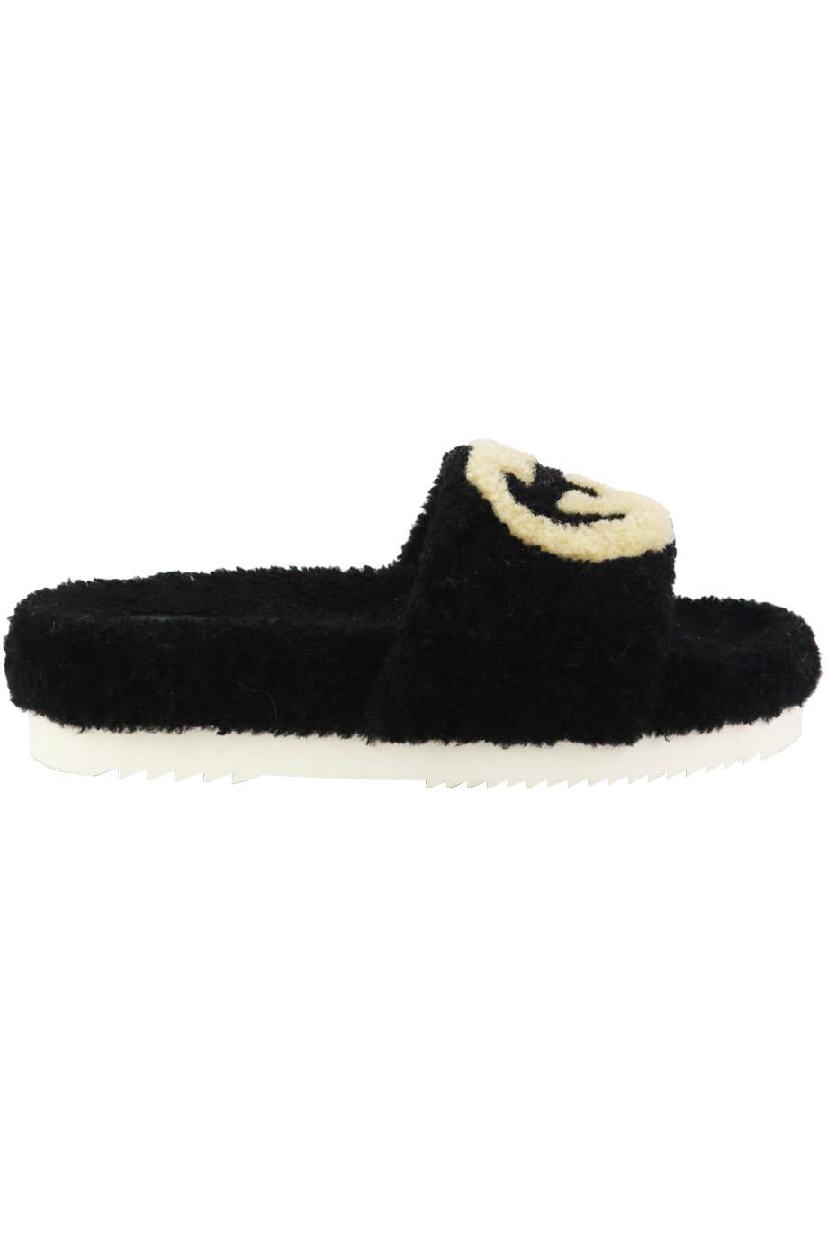 GUCCI EILEEN LOGO PRINT SHEARLING SLIDES EU 38 UK 5 US 8