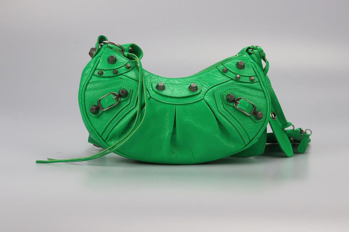 BALENCIAGA LE CAGOLE XS STUDDED CRINKLED LEATHER SHOULDER BAG