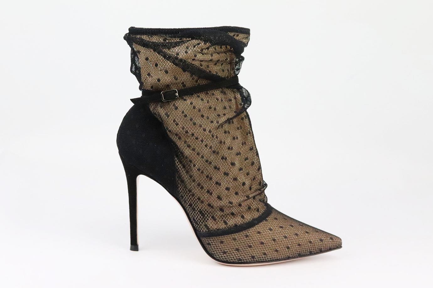 GIANVITO ROSSI POLKA DOT TULLE AND SUEDE ANKLE BOOTS EU 38.5 UK 5.5 US 8.5