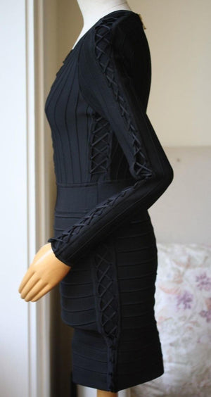 BALMAIN LACE UP RIBBED STRETCH KNIT MINI DRESS FR 36 UK 8
