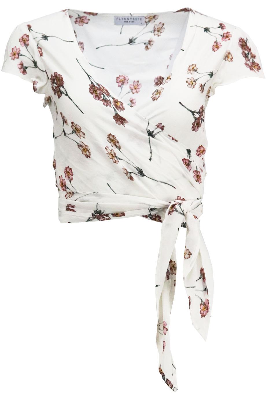 FLYNN SKYE CROPPED FLORAL PRINT CREPE WRAP TOP SMALL