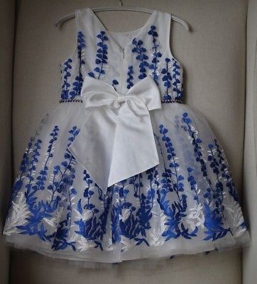DAVID CHARLES GIRLS WHITE & BLUE EMBROIDERED TULLE DRESS 4 YEARS
