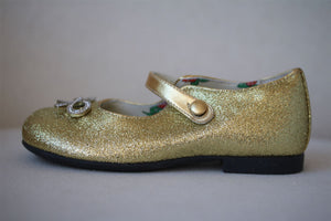 GUCCI GIRLS GOLD GLITTER CRYSTAL BOW LEATHER SHOES EU 25 UK 8