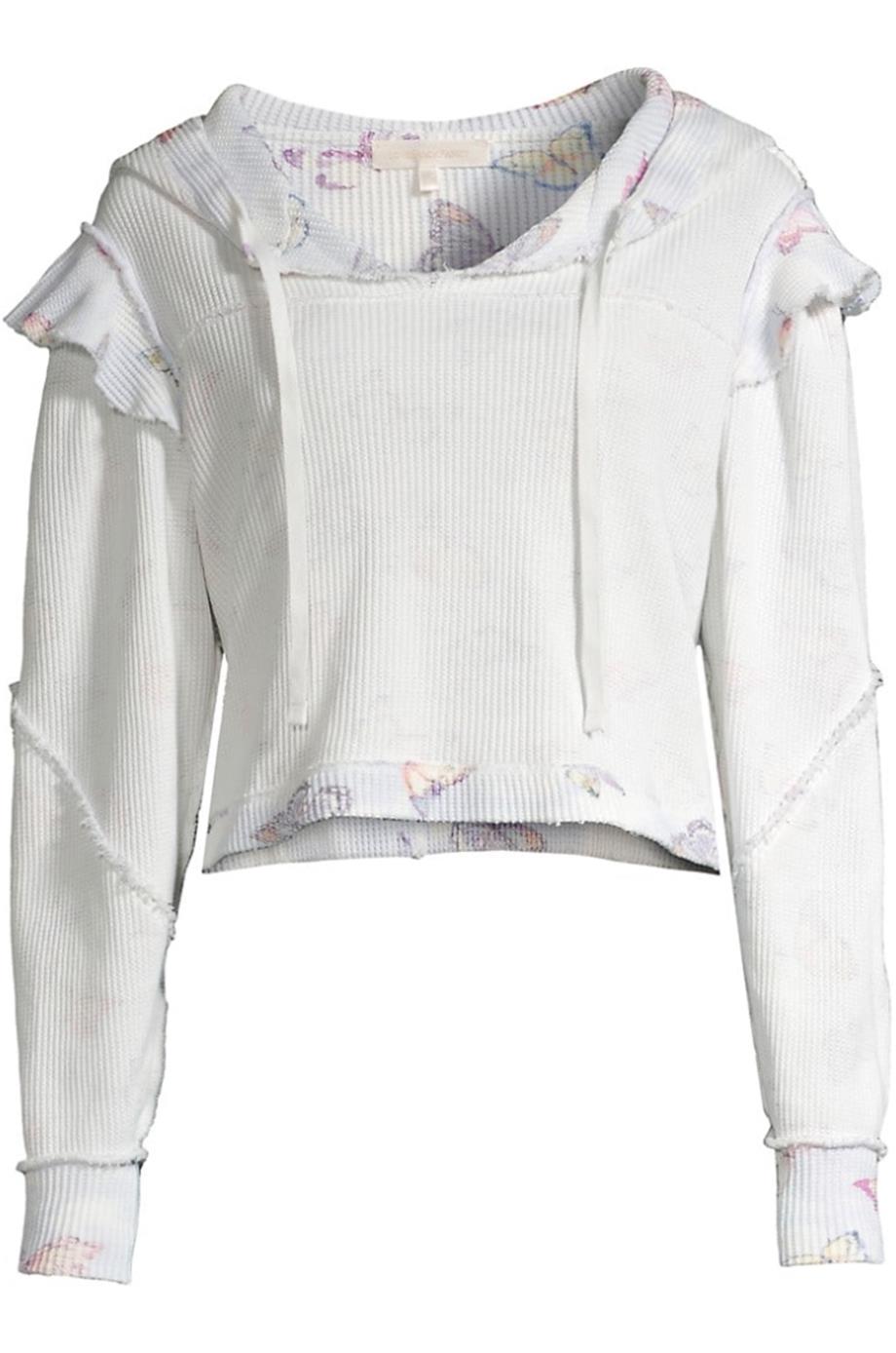 LOVESHACKFANCY CIEL RUFFLE WAFFLE KNIT COTTON HOODIE SMALL
