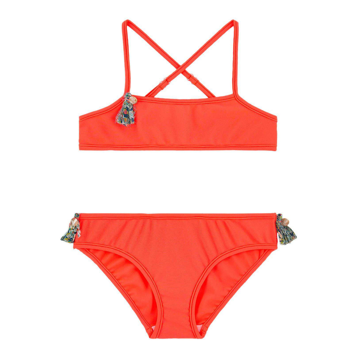 BONPOINT BABY NEON CORAL LIBERTY PRINT BIKINI WITH TASSLES 4 YEARS