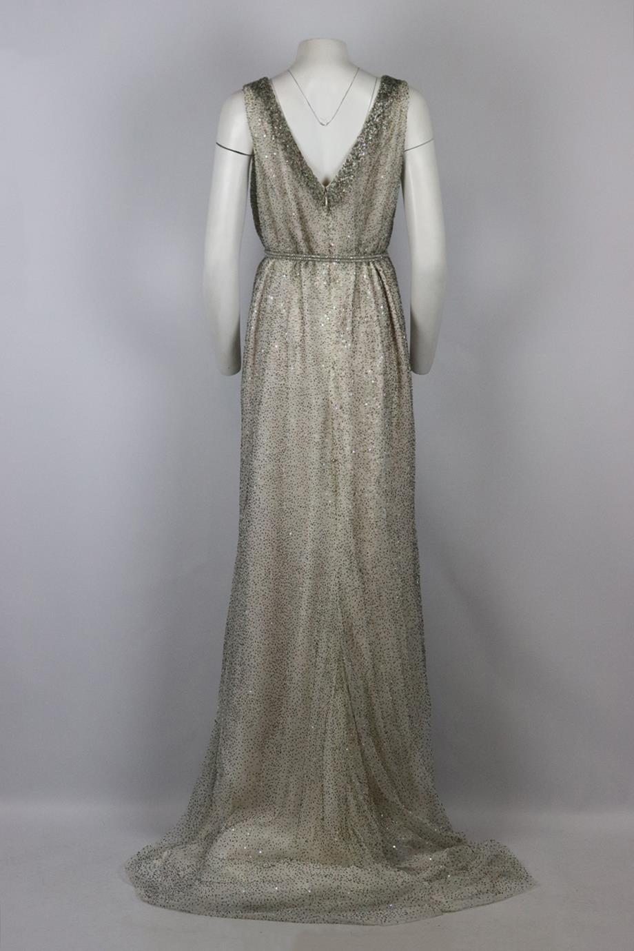 DENNIS BASSO BELTED BEAD EMBELLISHED TULLE AND SILK GOWN UK 18