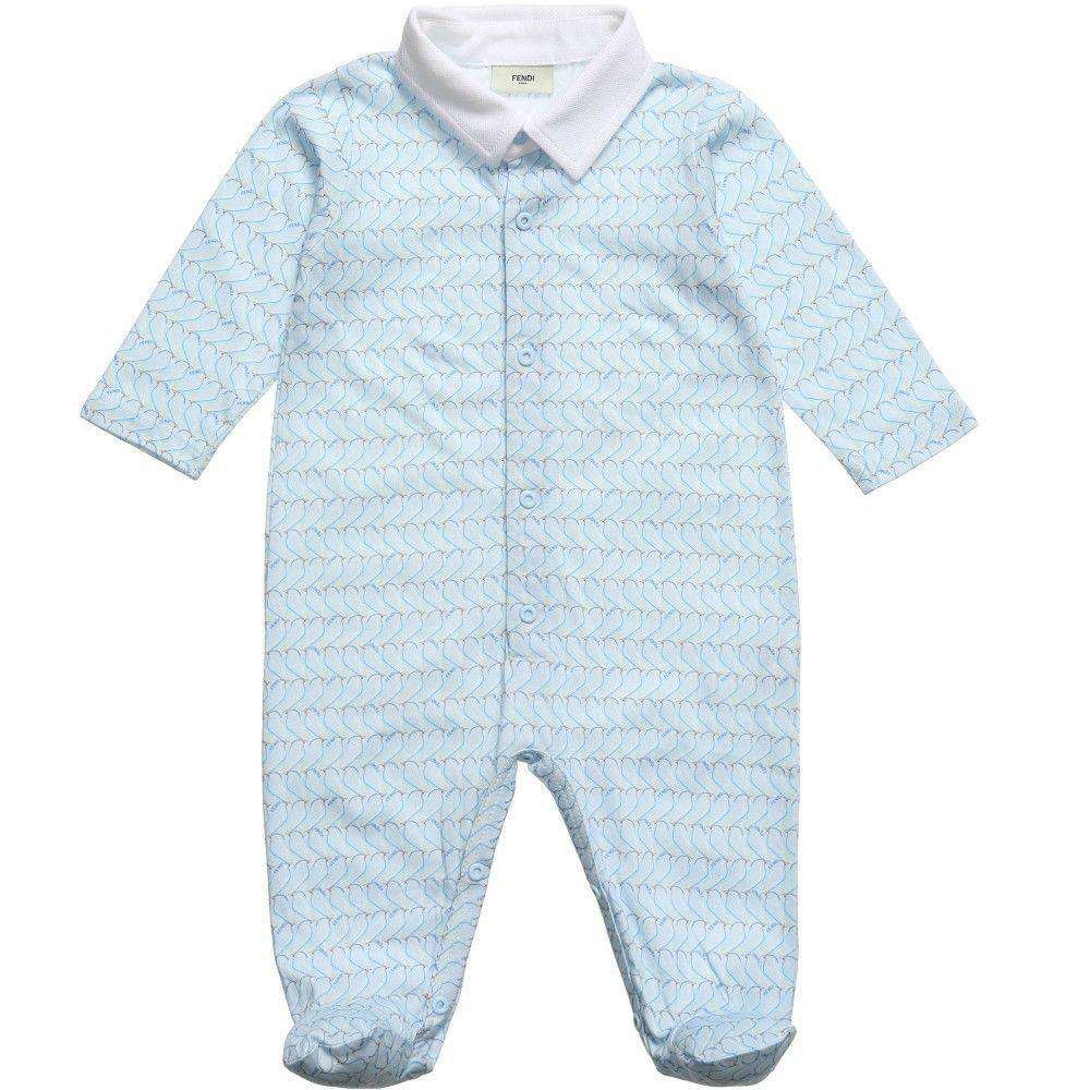 FENDI BABY BLUE COTTON BIRD BABYGROW 1 MONTH
