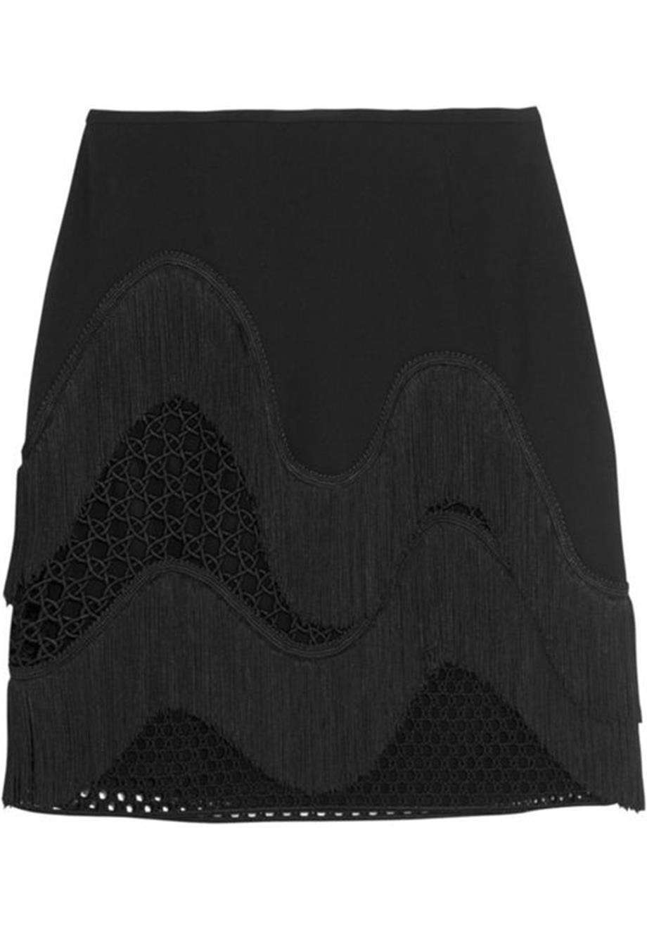 STELLA MCCARTNEY CORINNA FRINGED CREPE AND WICKER LACE MINI SKIRT IT 36 UK 4