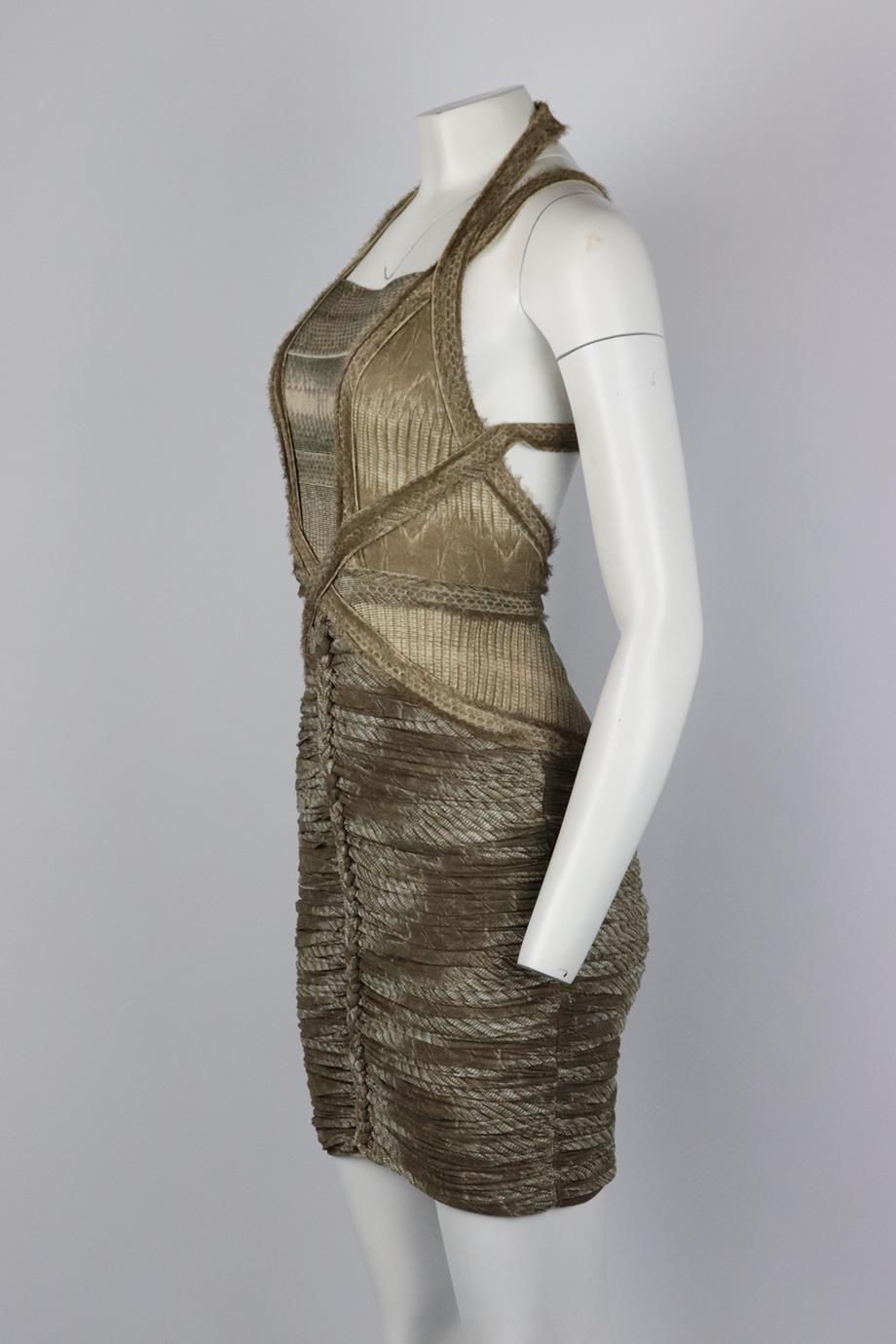HERVE LEGER RUCHED STRETCH JERSEY AND BANDAGE MINI DRESS XSMALL