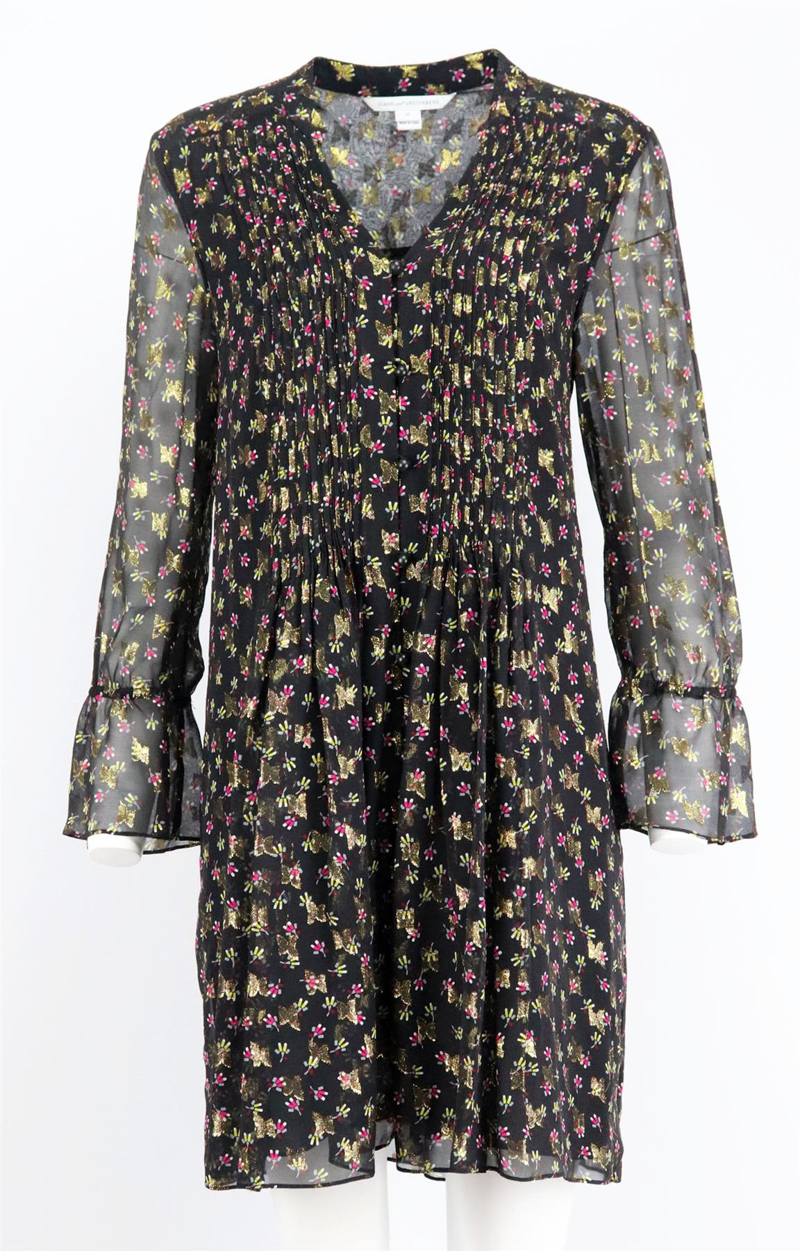 DIANE VON FURSTENBERG LAYLA METALLIC SILK BLEND CHIFFON MINI DRESS