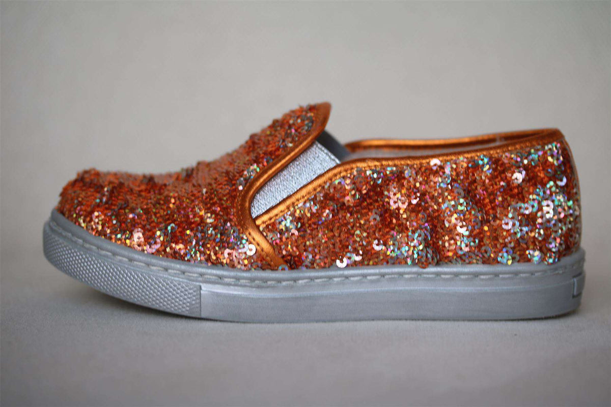 DIOR GIRLS ORANGE & SILVER SEQUIN SLIP-ON SHOES EU 27 UK 9
