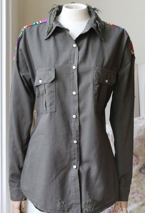 NSF JOHNNA EMBROIDERED DISTRESSED CANVAS SHIRT PETITE