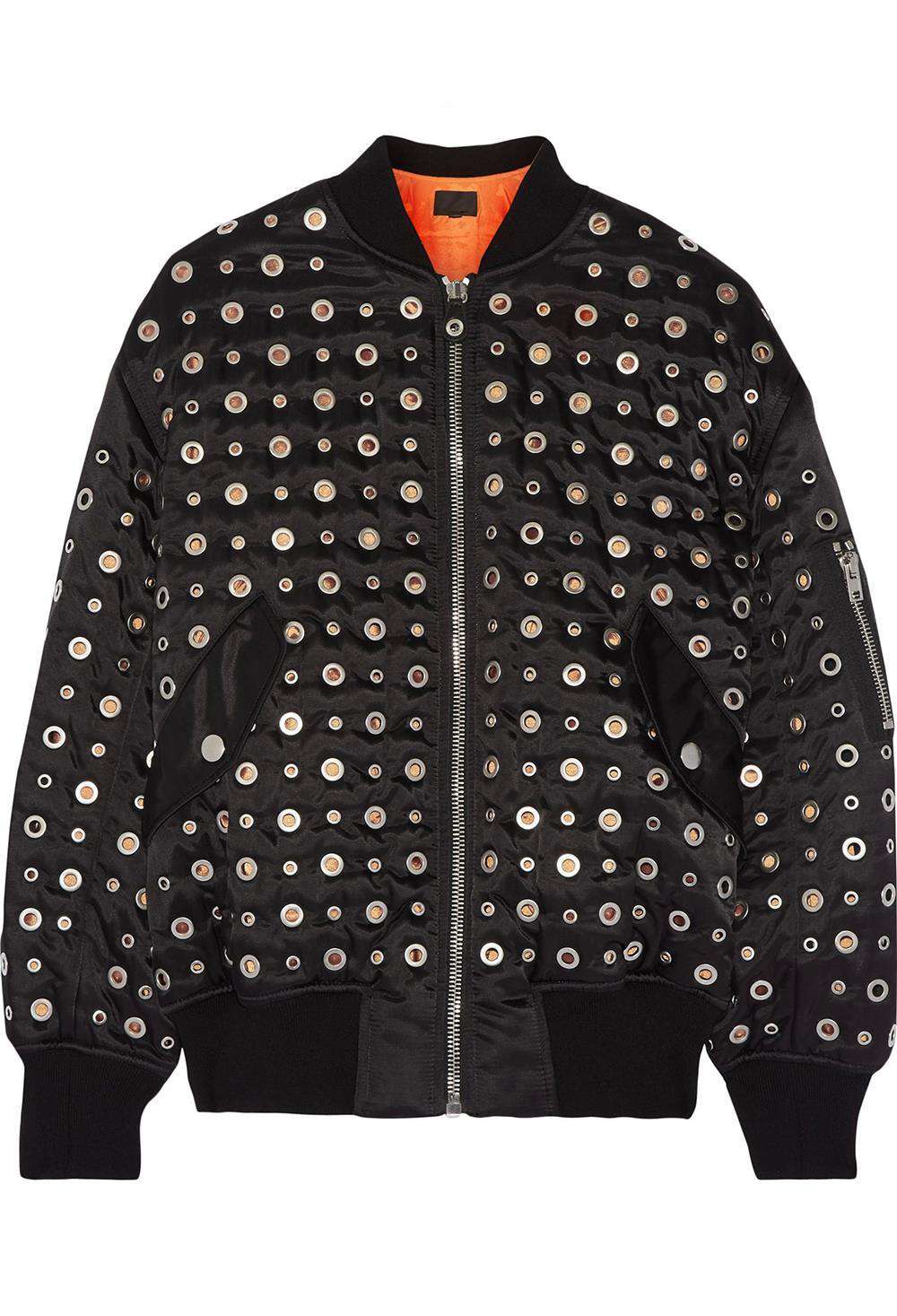 ALEXANDER WANG LEATHER TRIMMED EYELET EMBELLISHED BOMBER JACKET MEDIUM