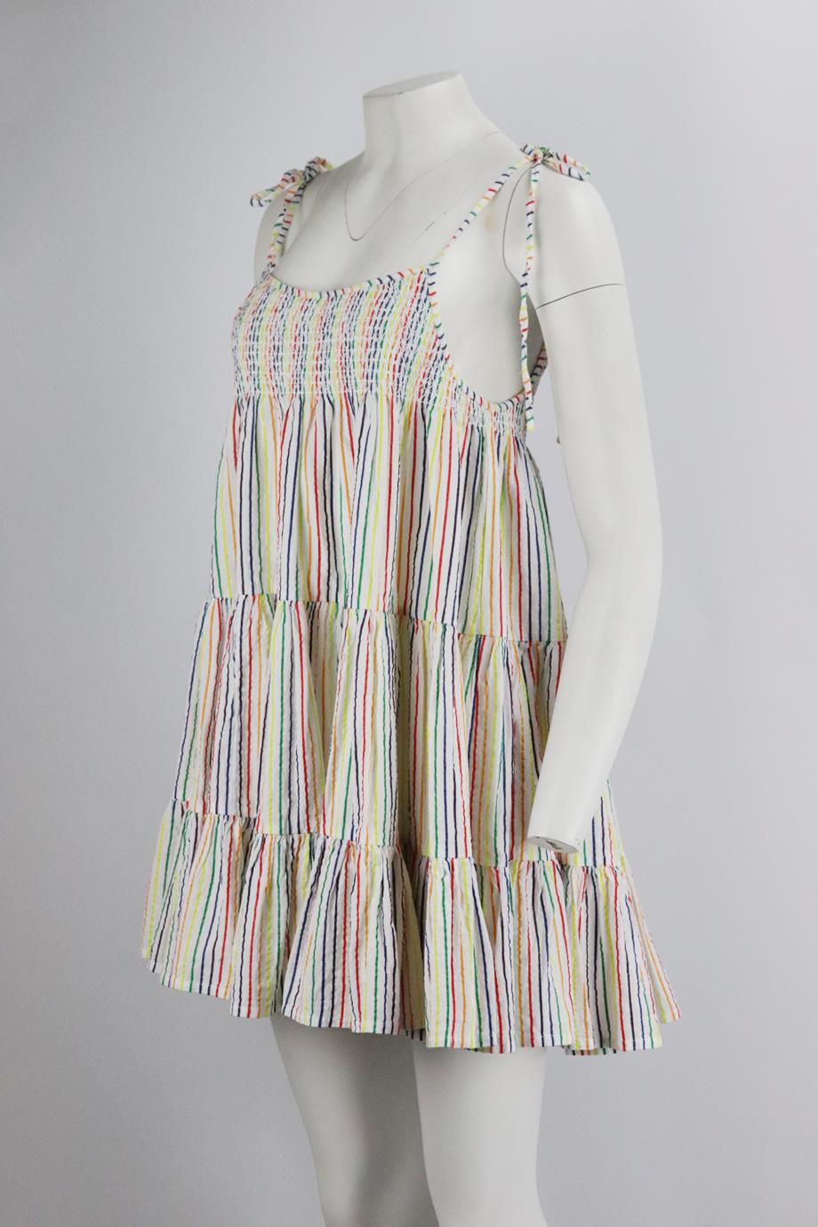 SOLID AND STRIPED TIERED STRIPED COTTON MINI DRESS SMALL