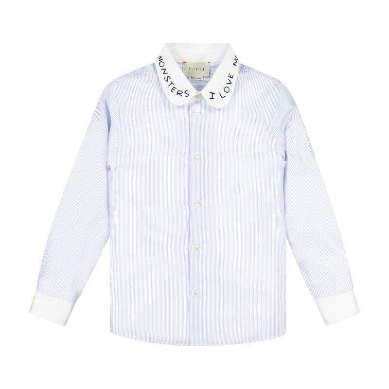 GUCCI BABY BOYS BLUE PINSTRIPED SHIRT WITH I LOVE MONSTERS COLLAR 18-24 MONTHS