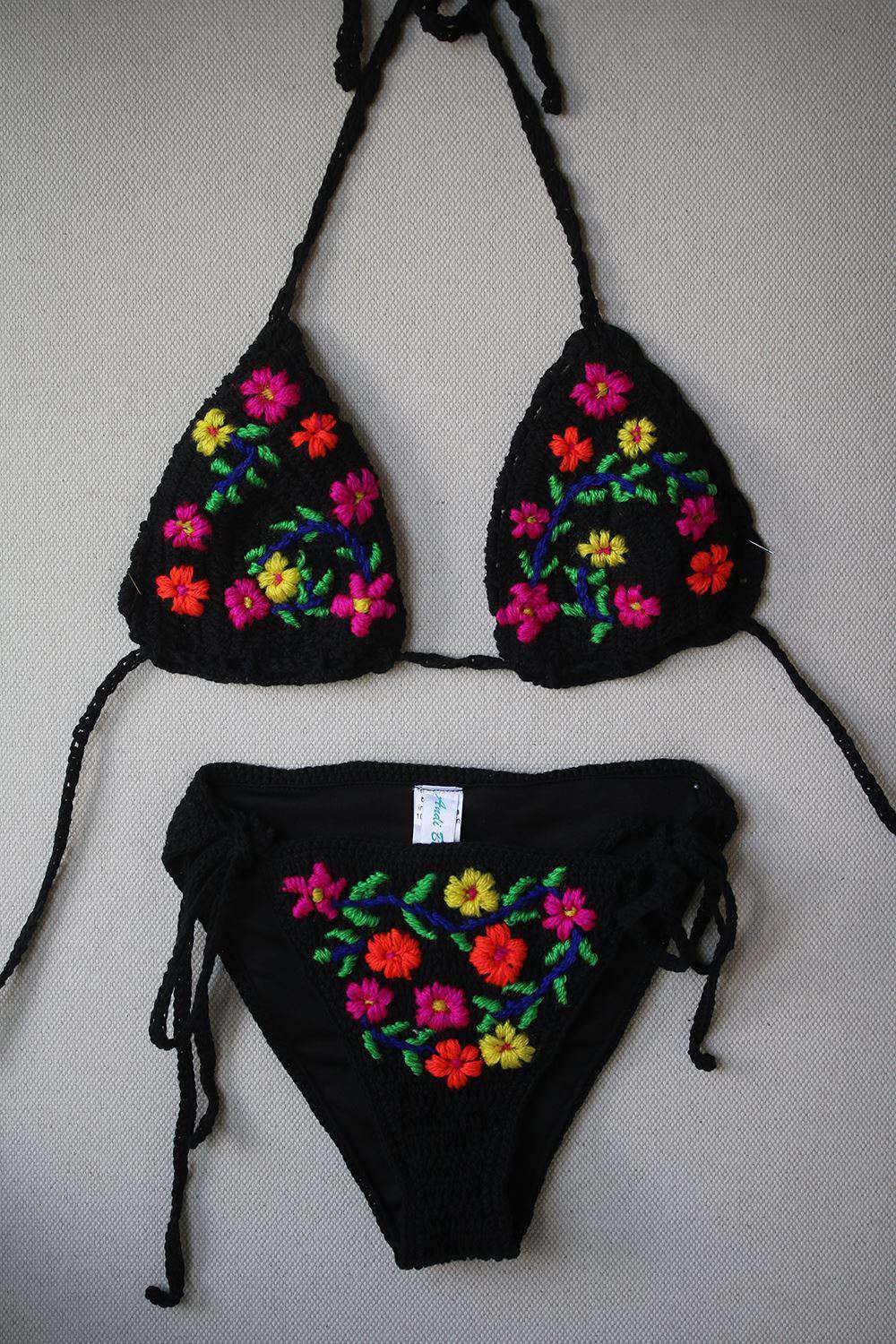 ANDI BAGUS FLORAL EMBROIDERED CROCHET TRIANGLE BIKINI ONE SIZE