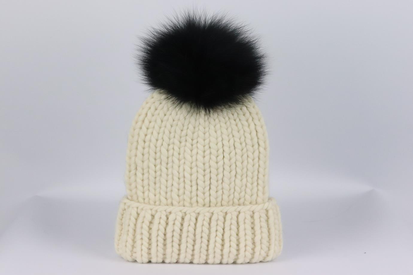 EUGENIA KIM FOX FUR TRIMMED RIBBED WOOL BLEND BEANIE ONE SIZE