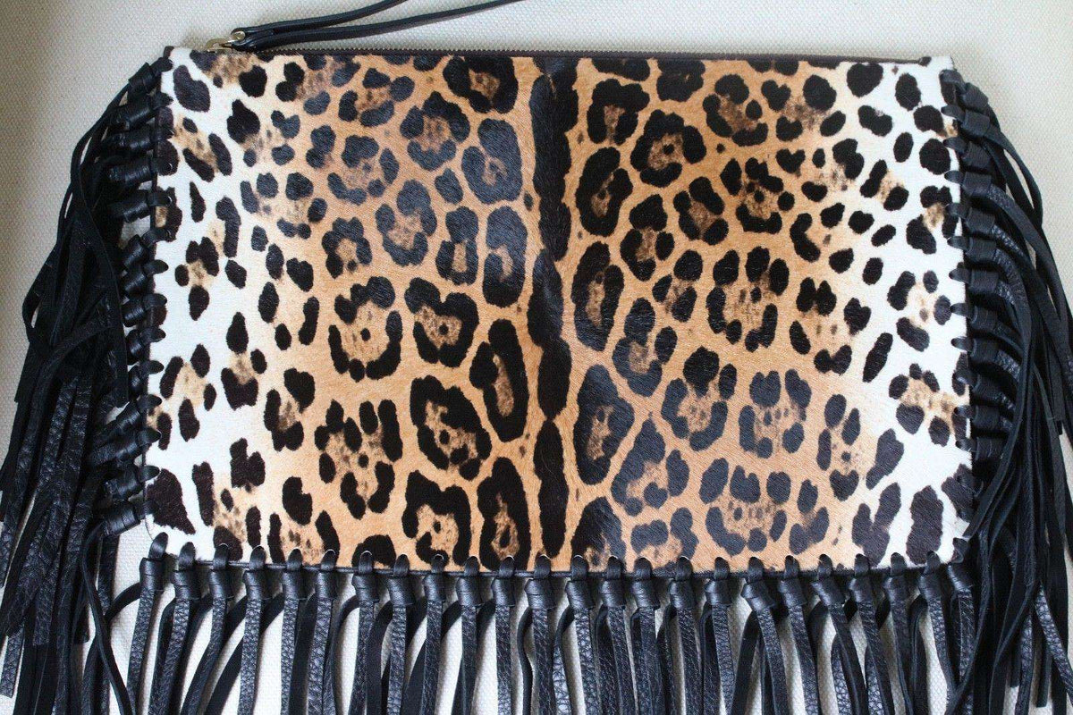 VALENTINO LEOPARD PRINT CALF HAIR FRINGE CLUTCH BAG