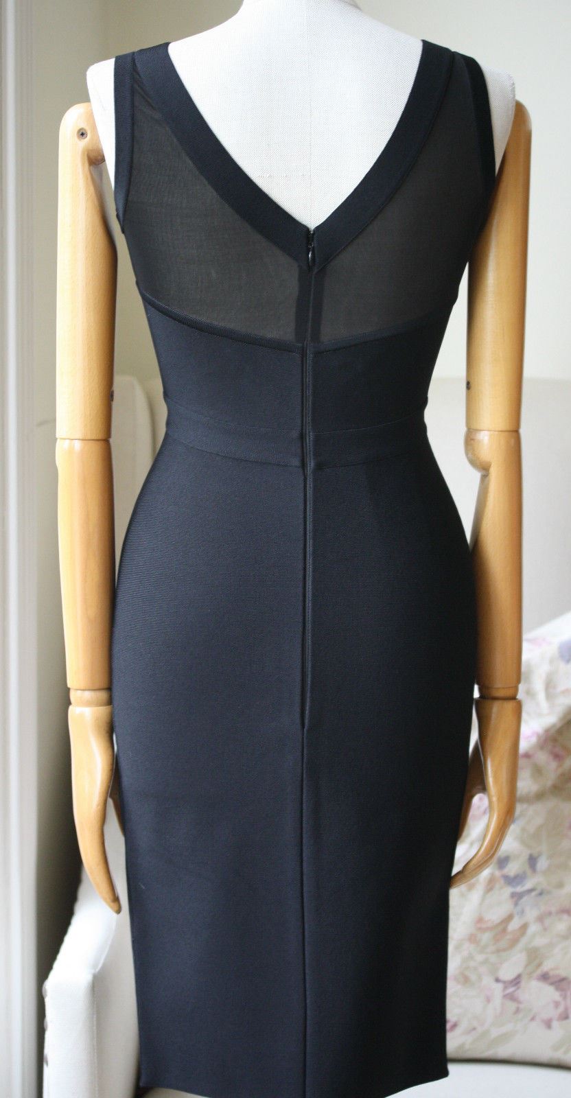 HERVE LEROUX BLACK SHEER PANEL BODYCON DRESS UK 10 FR 38