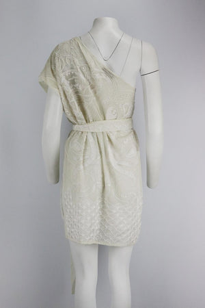 EMILIO PUCCI ONE SHOULDER EMBELLISHED COTTON VOILE DRESS UK 8