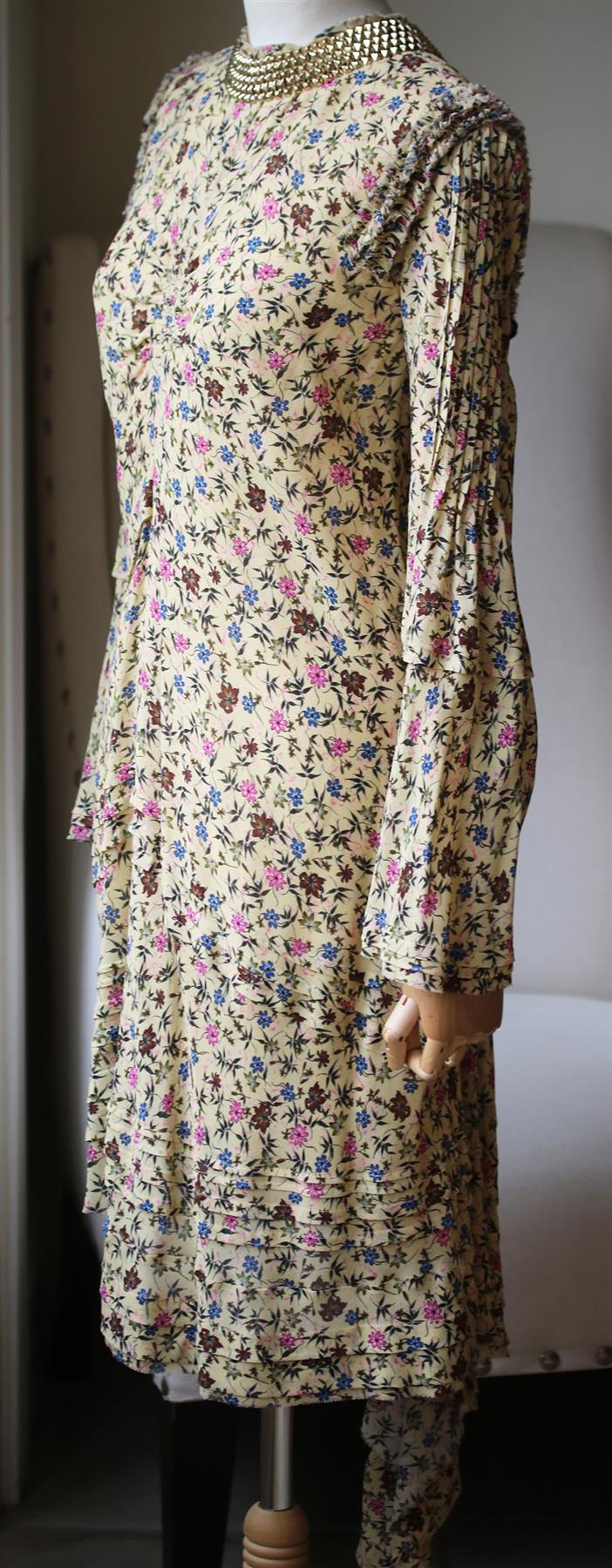 CHLOÉ EMBELLISHED RUFFLED FLORAL PRINT GEORGETTE MINI DRESS FR 42 UK 14