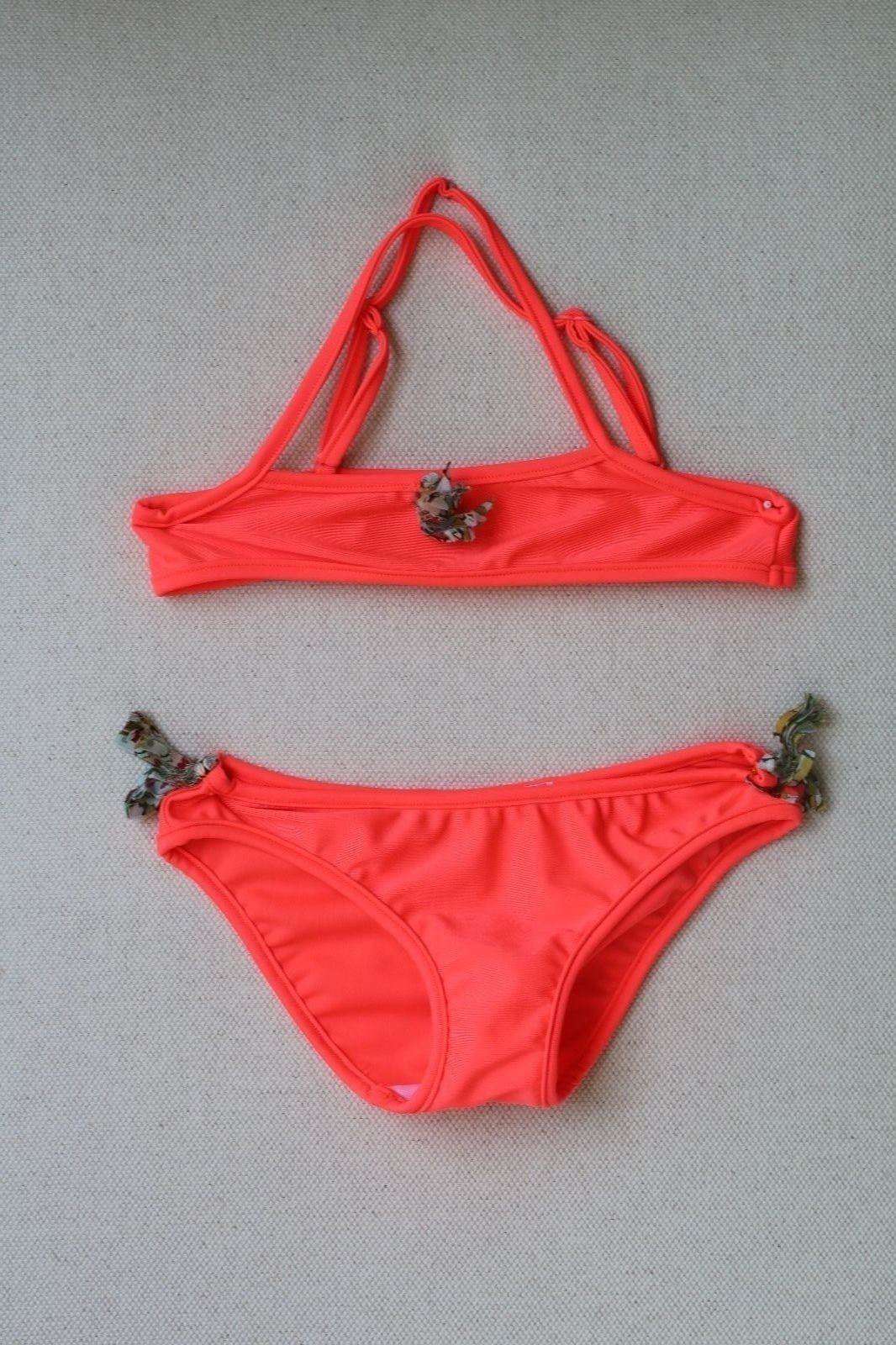 BONPOINT BABY NEON CORAL LIBERTY PRINT BIKINI WITH TASSLES 4 YEARS