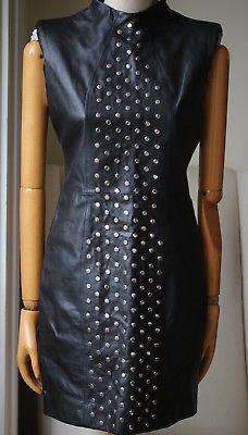 SAINT LAURENT SLEEVELESS LEATHER STUDDED MINI DRESS UK 10