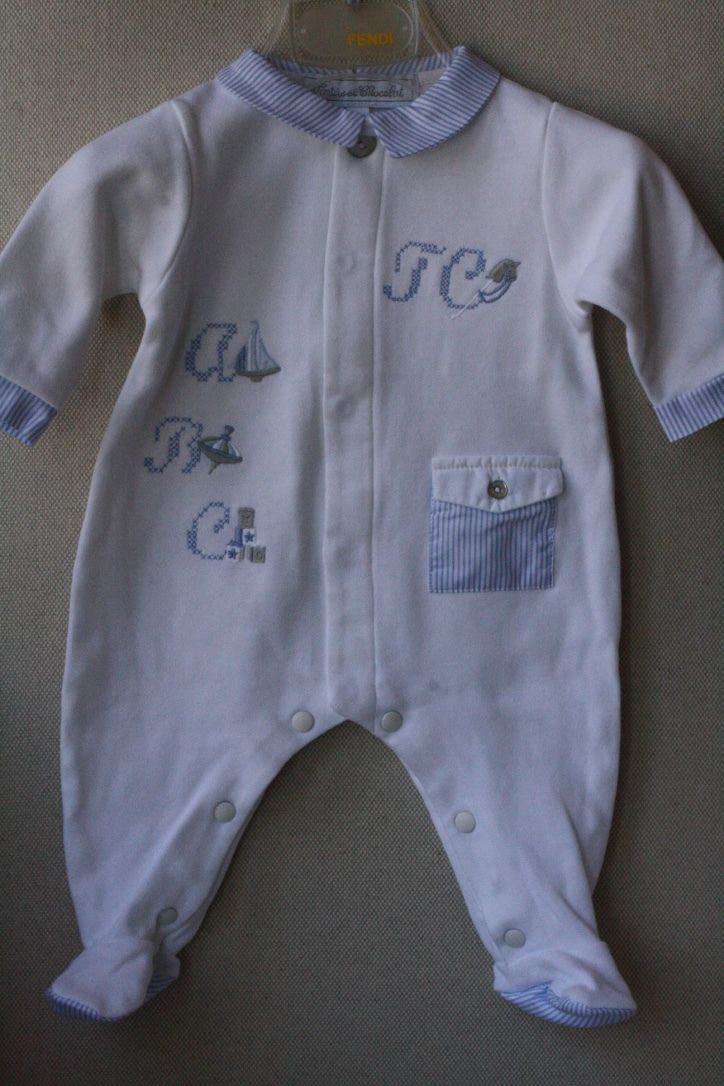 TARTINE ET CHOCOLAT BABY WHITE BLUE EMBROIDERY BABYGROW 3 MONTHS