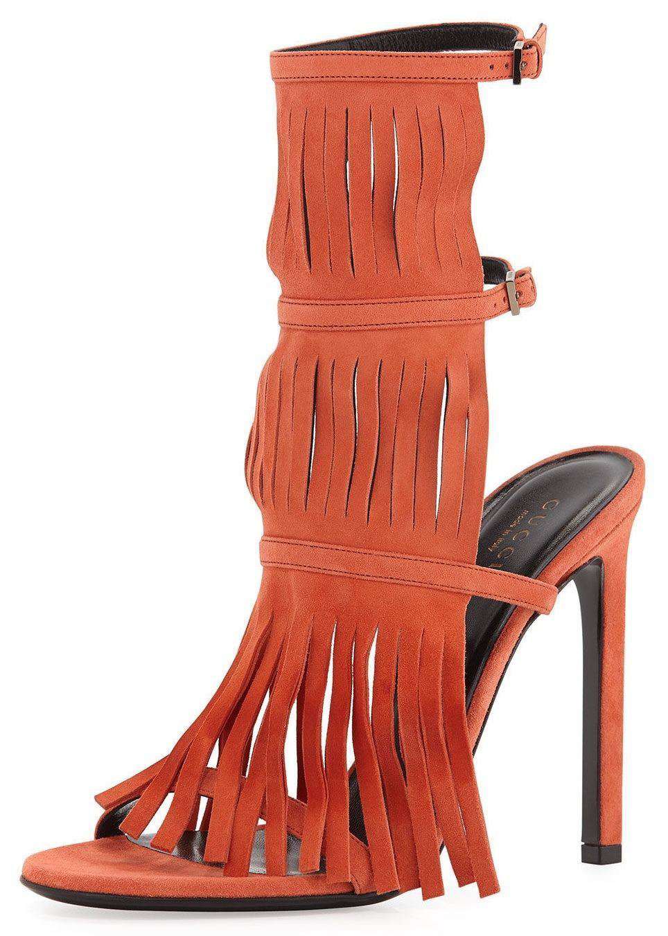 GUCCI BECKY ORANGE FRINGE THONG HEELED SANDAL 37 UK 4 US 7