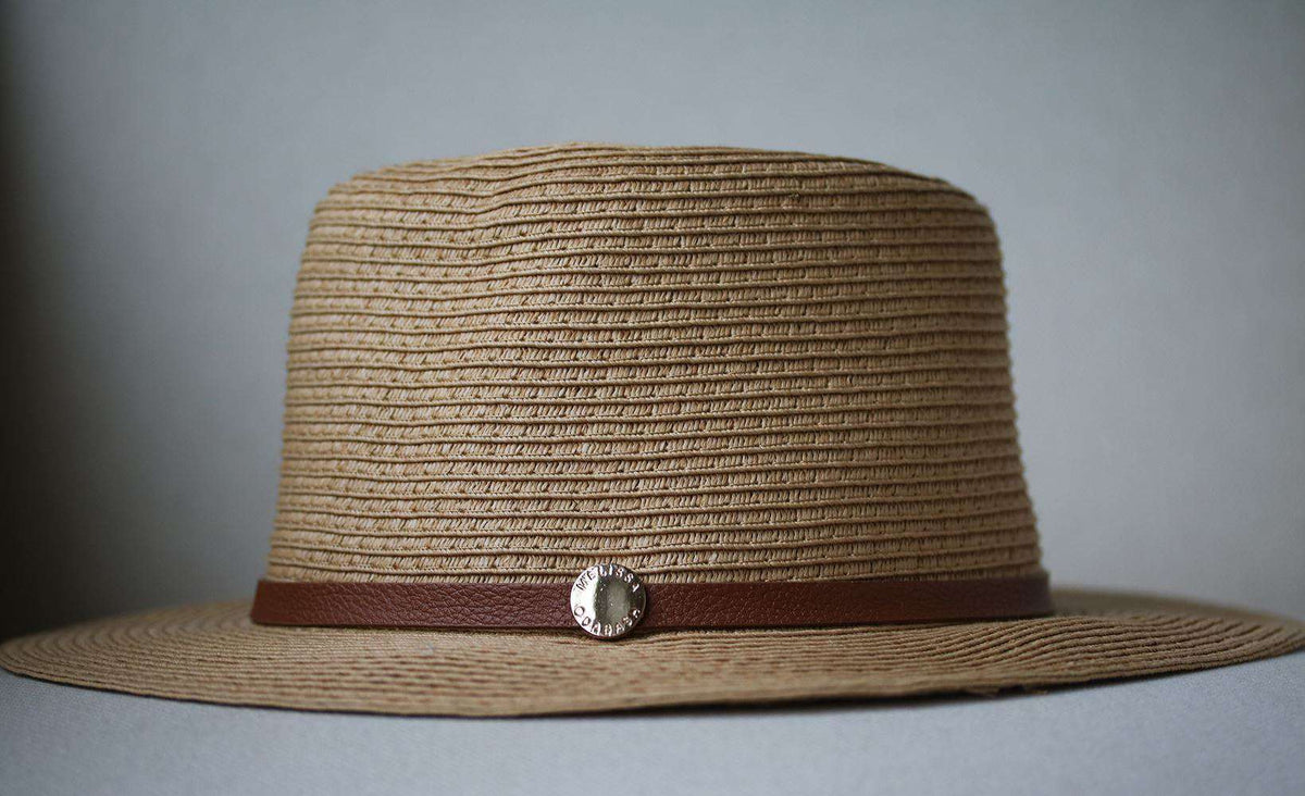 MELISSA ODABASH LEATHER-TRIMMED WOVEN RAFFIA FEDORA