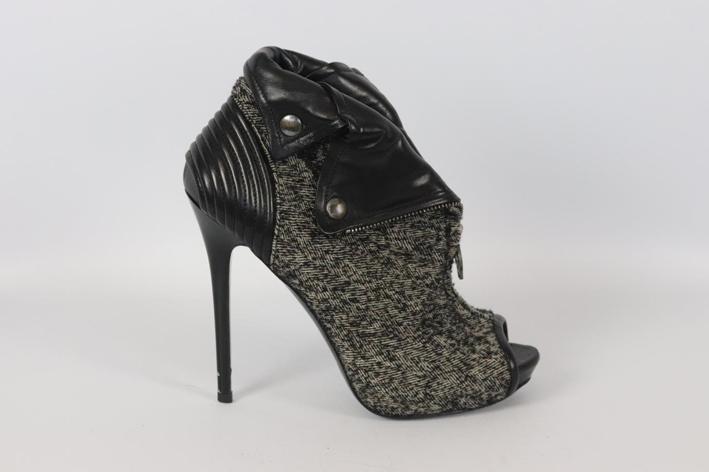 ALEXANDER MCQUEEN TWEED AND LEATHER PEEP TOE ANKLE BOOTS EU 38 UK 5 US 8