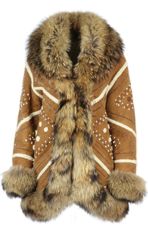 GUERRIERO FOX FUR TRIMMED SHEARLING AND SUEDE COAT IT 40 UK 8