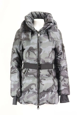 SAM. NYC BELTED CAMOUFLAGE PRINT QUILTED SHELL DOWN JACKET LARGE