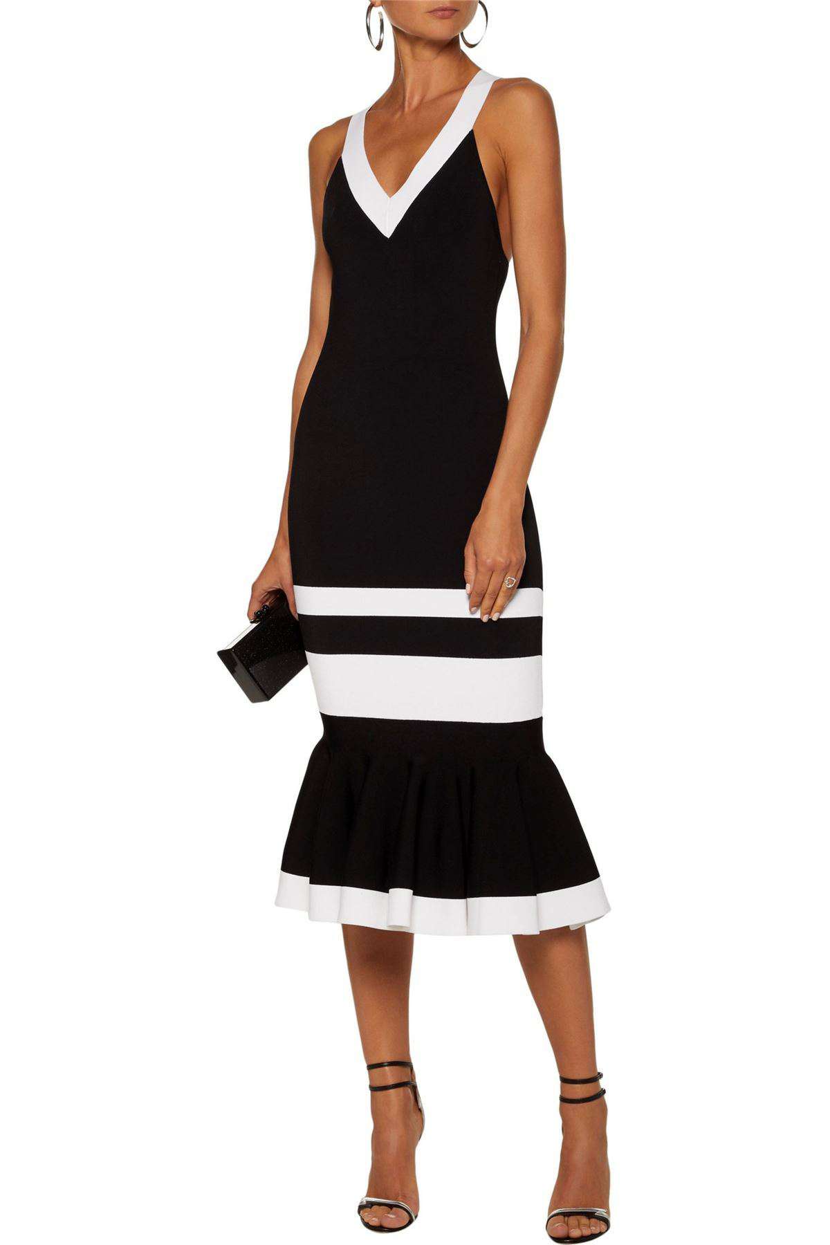 JONATHAN SIMKHAI FLUTED STRIPED STRETCH-KNIT MIDI DRESS SMALL