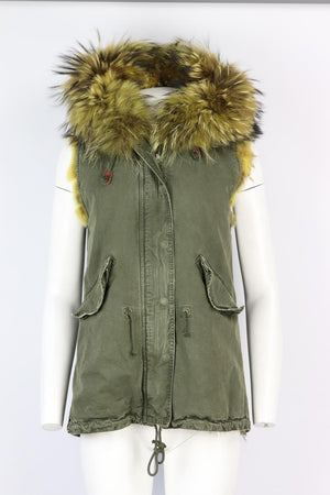 GOLD RUSH HOODED FOX FUR LINED COTTON CANVAS GILET IT 42 UK 10