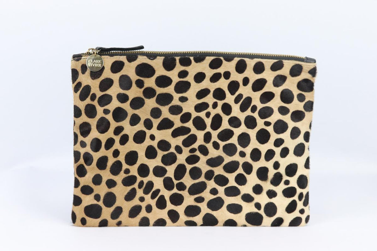 CLAIRE VIVIER LEOPARD PRINT CALF HAIR POUCH