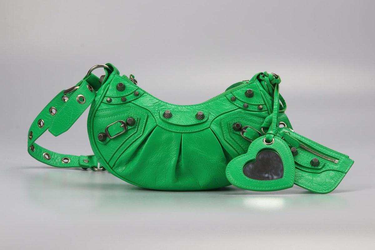 BALENCIAGA LE CAGOLE XS STUDDED CRINKLED LEATHER SHOULDER BAG