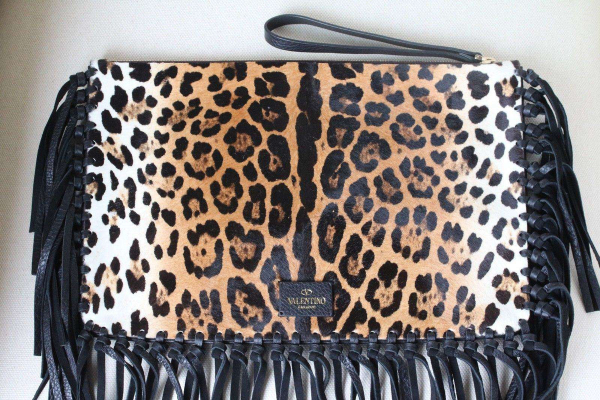 VALENTINO LEOPARD PRINT CALF HAIR FRINGE CLUTCH BAG