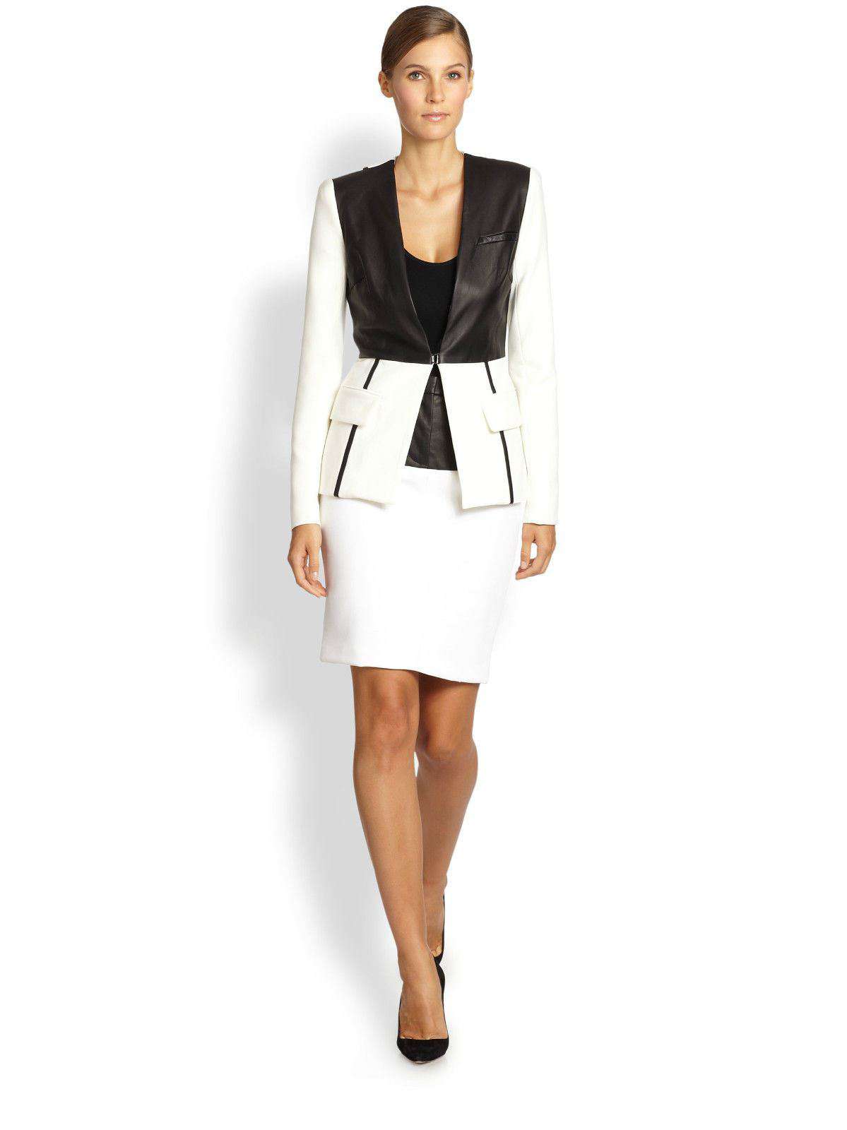 YIGAL AZROUEL WHITE LEATHER WAISTED PENCIL SKIRT US 4 UK 8
