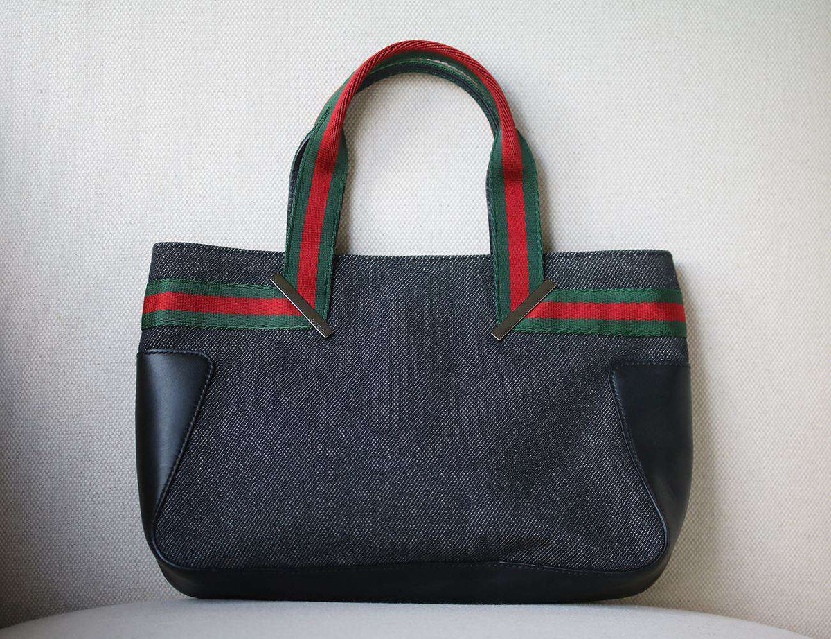 GUCCI STRIPE DENIM AND LEATHER MINI HANDBAG