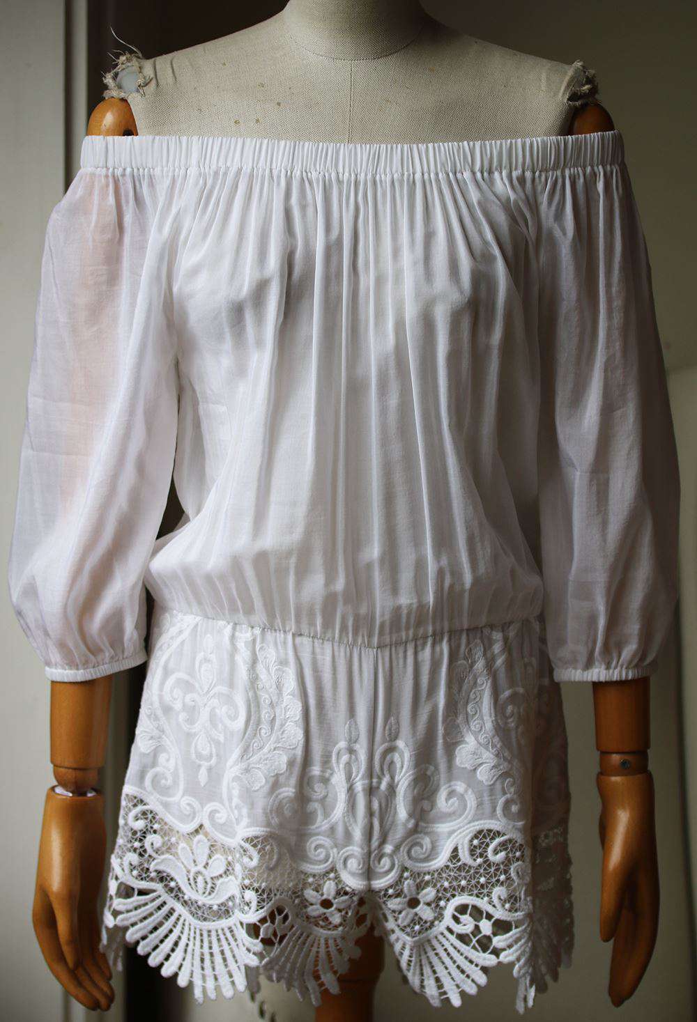ALEXIS OFF THE SHOULDER CROCHET TRIM PLAYSUIT SMALL