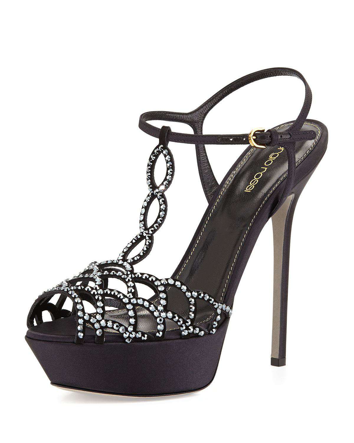 SERGIO ROSSI SCALLOPED CRYSTAL T-STRAP PLATFORM HEELS EU 38 UK 5 US 8
