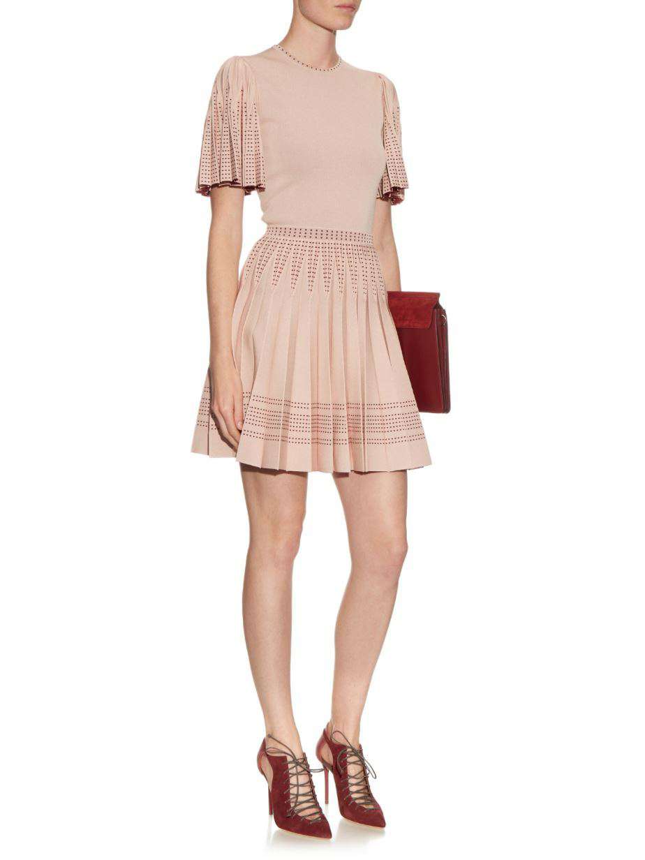 ALEXANDER MCQUEEN PLEATED A-LINE INTARSIA-KNIT MINI DRESS MEDIUM