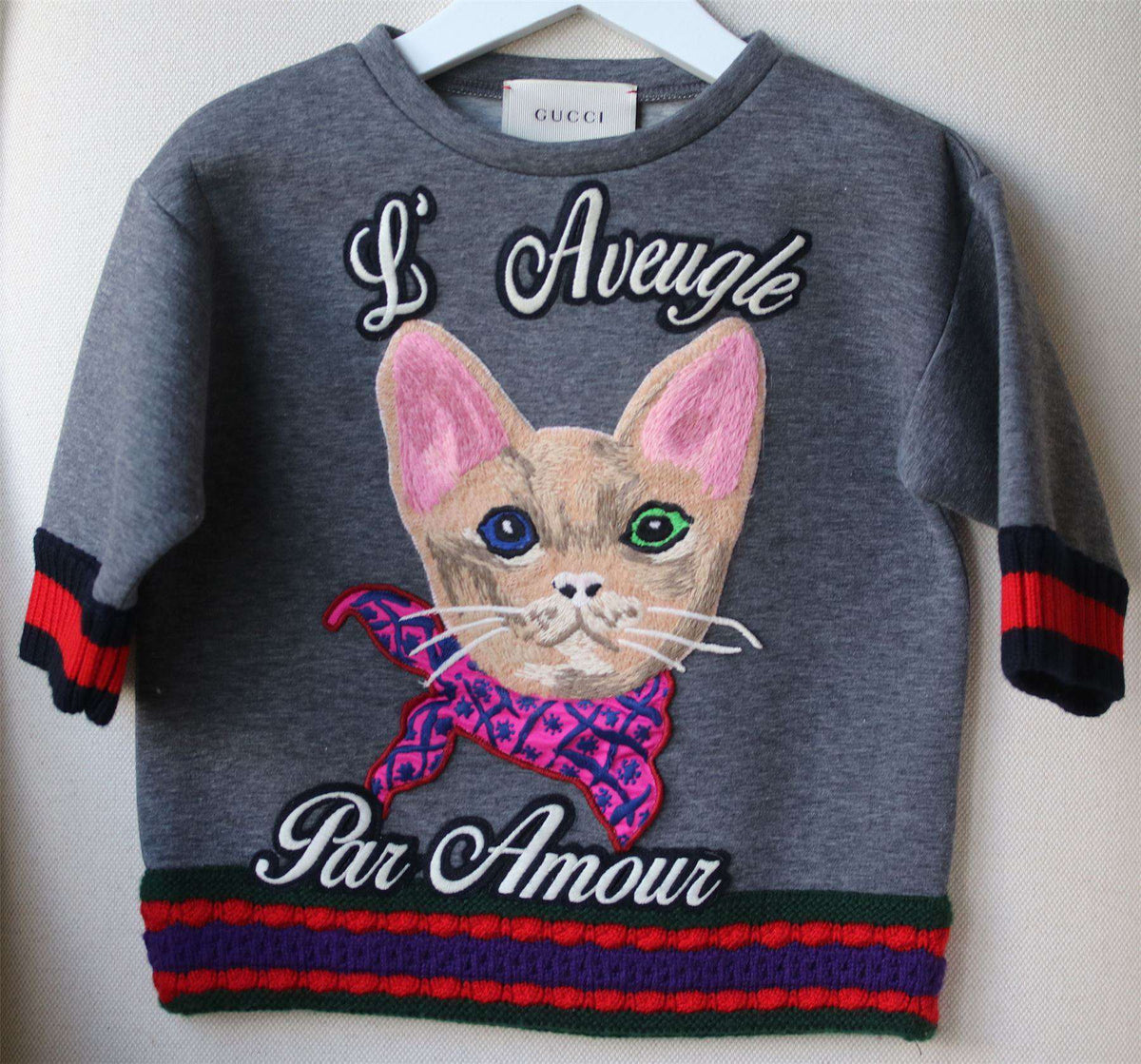 GUCCI GIRLS GREY NEOPRENE SWEATER WITH CAT EMBROIDERY 4 YEARS