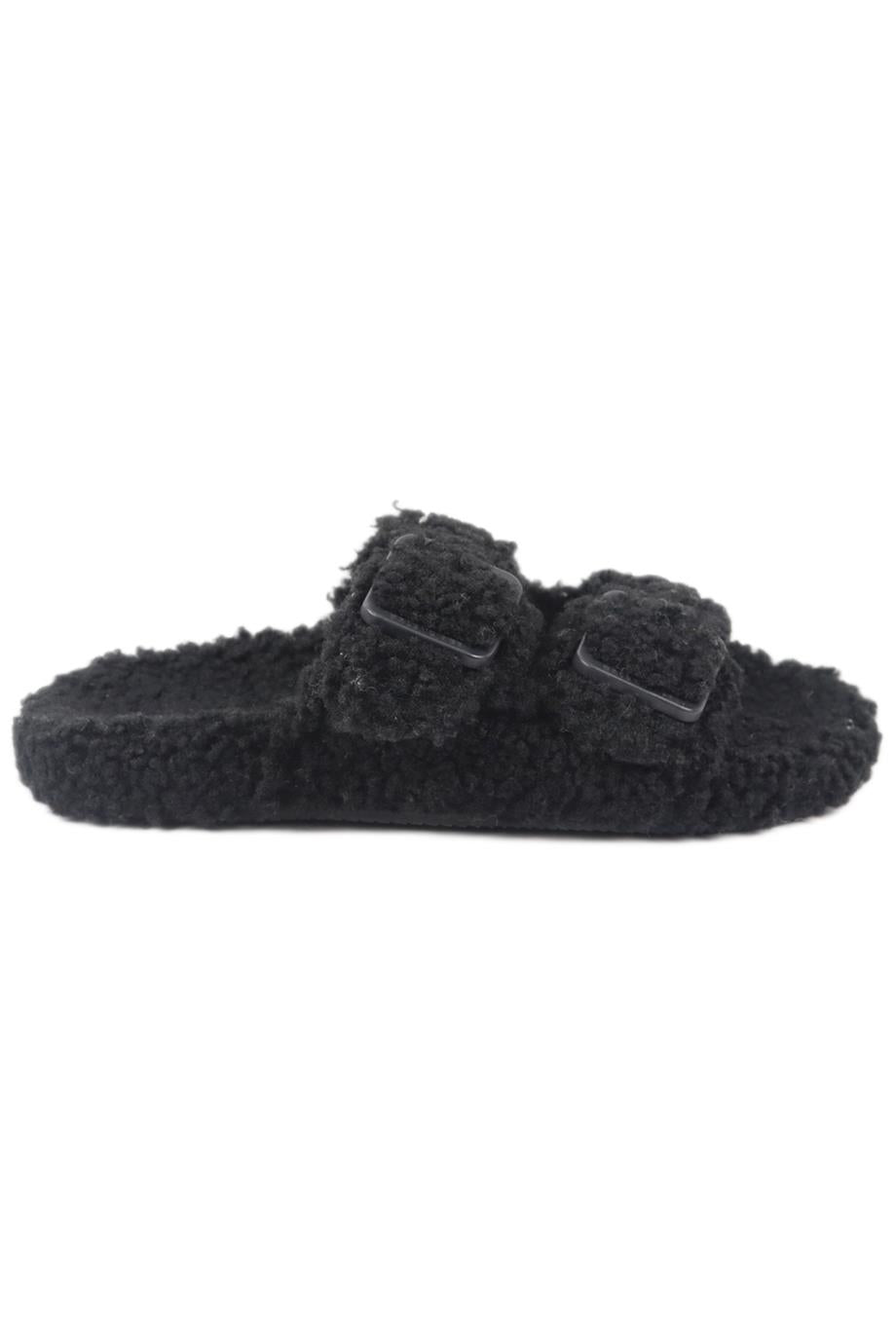 BALENCIAGA BUCKLE DETAILED FAUX SHEARLING SLIDES EU 38 UK 5 US 8