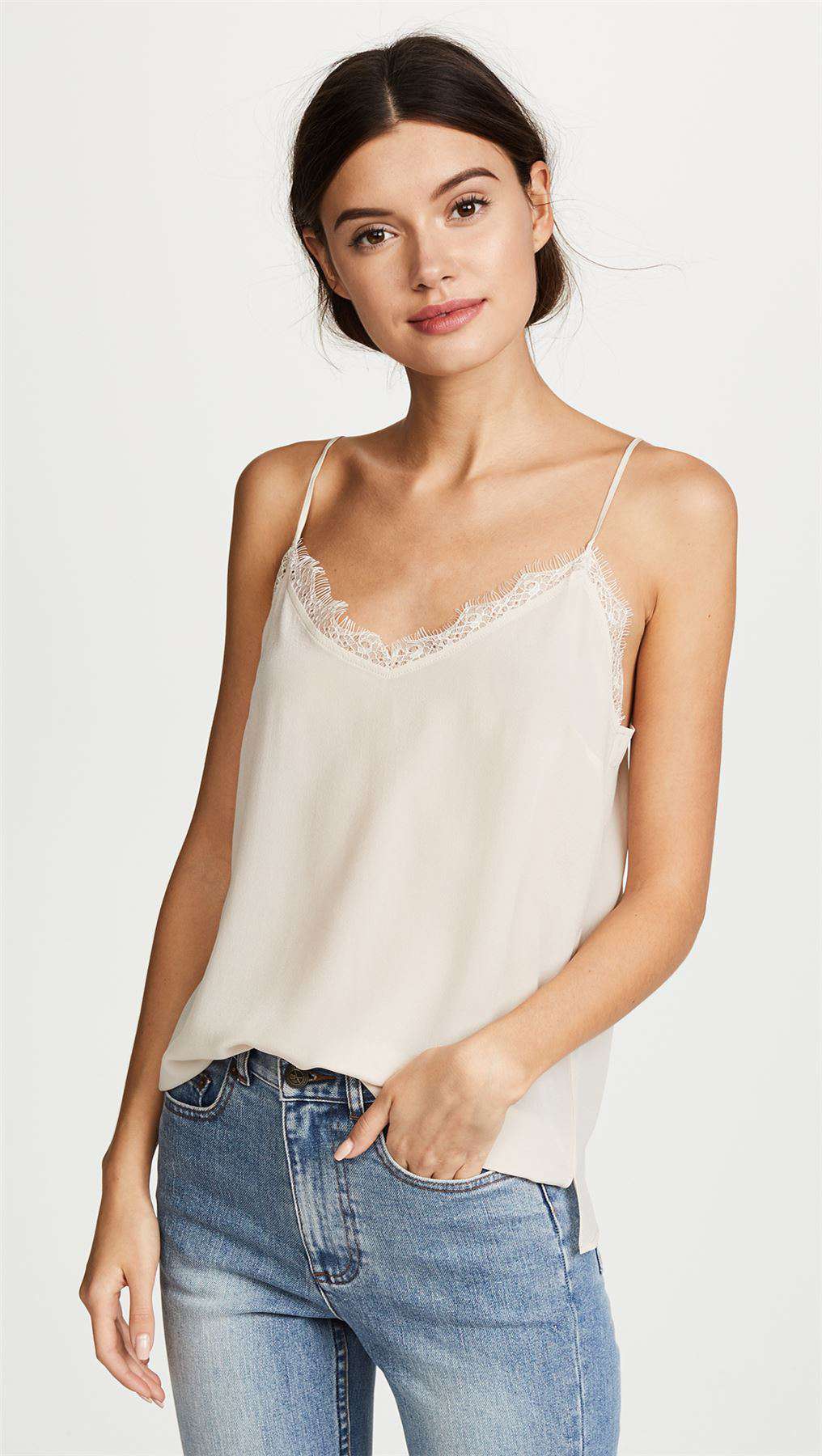 ANINE BING LACE-TRIMMED SILK CAMISOLE SMALL