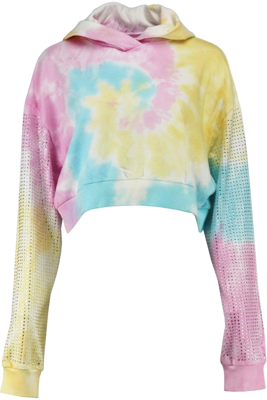 FRANKIE B CROPPED EMBELLISHED TIE DYED COTTON JERSEY HOODIE SMALL