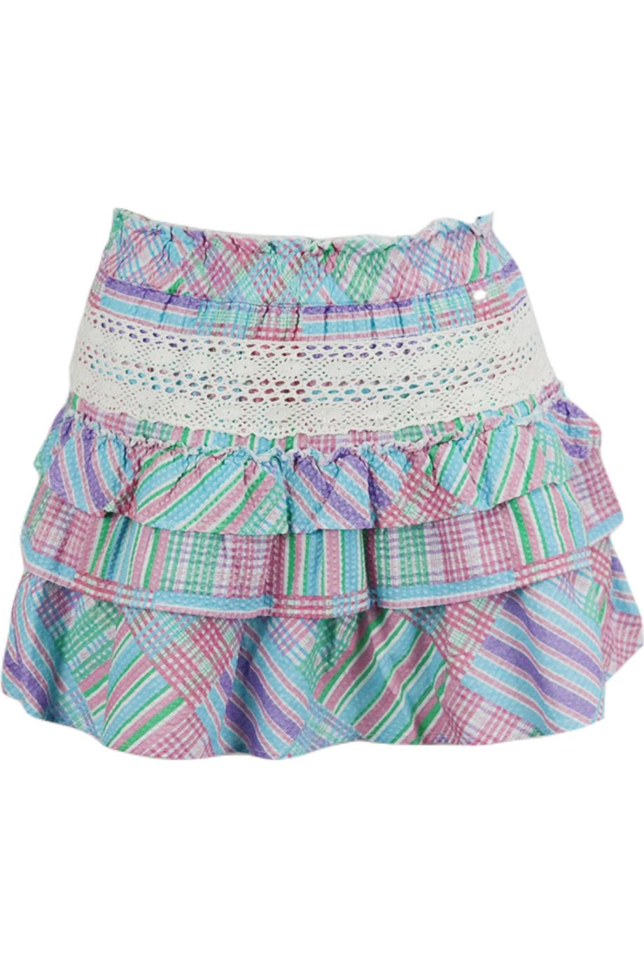 LOVESHACKFANCY TIERED CHECKED COTTON MINI SKIRT SMALL