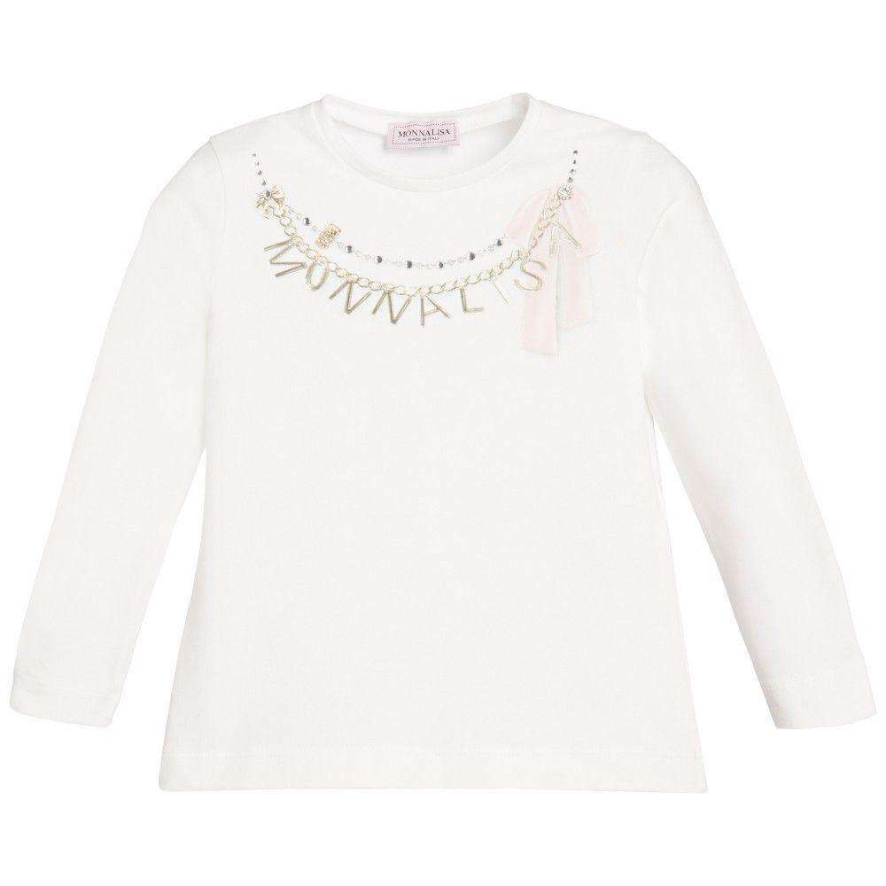 MONNALISA BABY IVORY NECKLACE PRINT AND GEMS TOP 2 YEARS