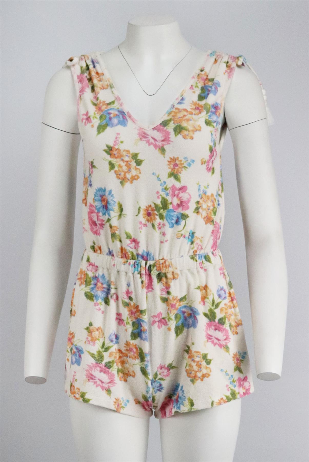 LOVESHACKFANCY FLORAL PRINT COTTON TERRY PLAYSUIT SMALL